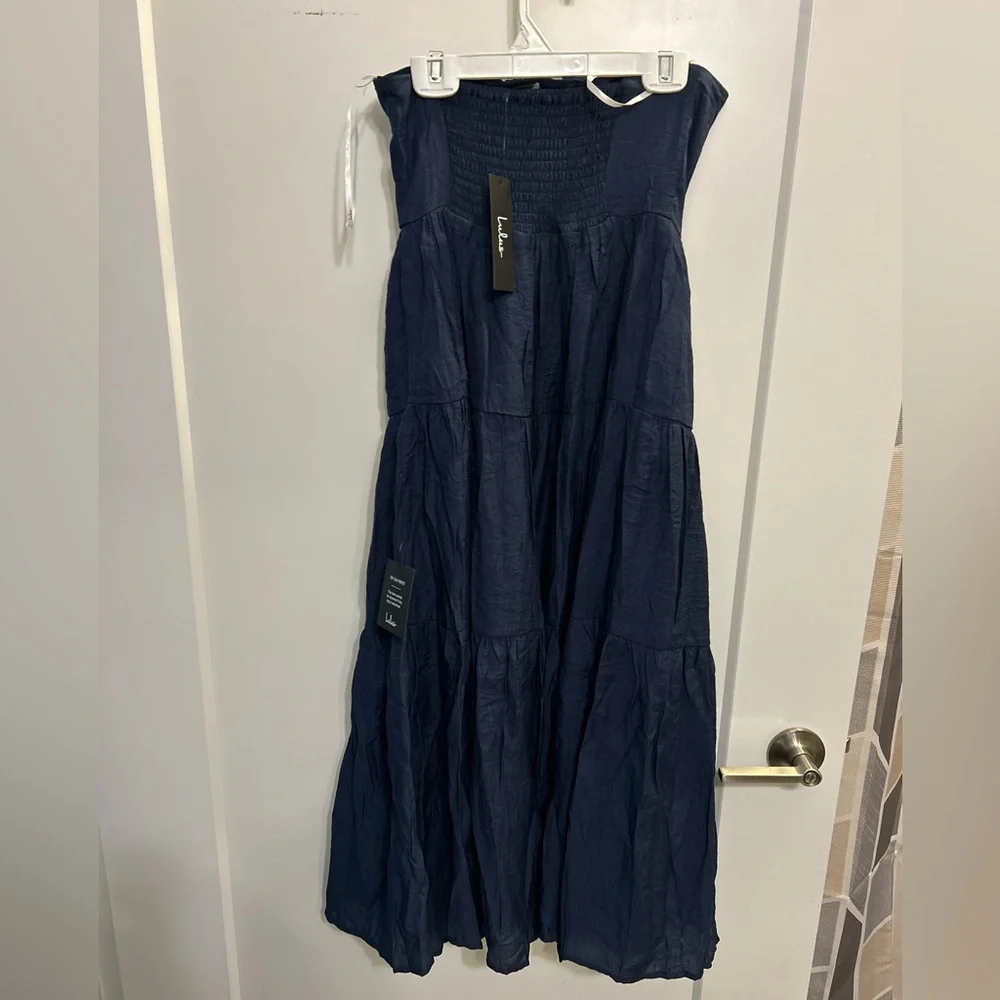 NWT Lulus Sweatness and Sunshine Navy Strapless Midi Dress - Picture 4 of 10